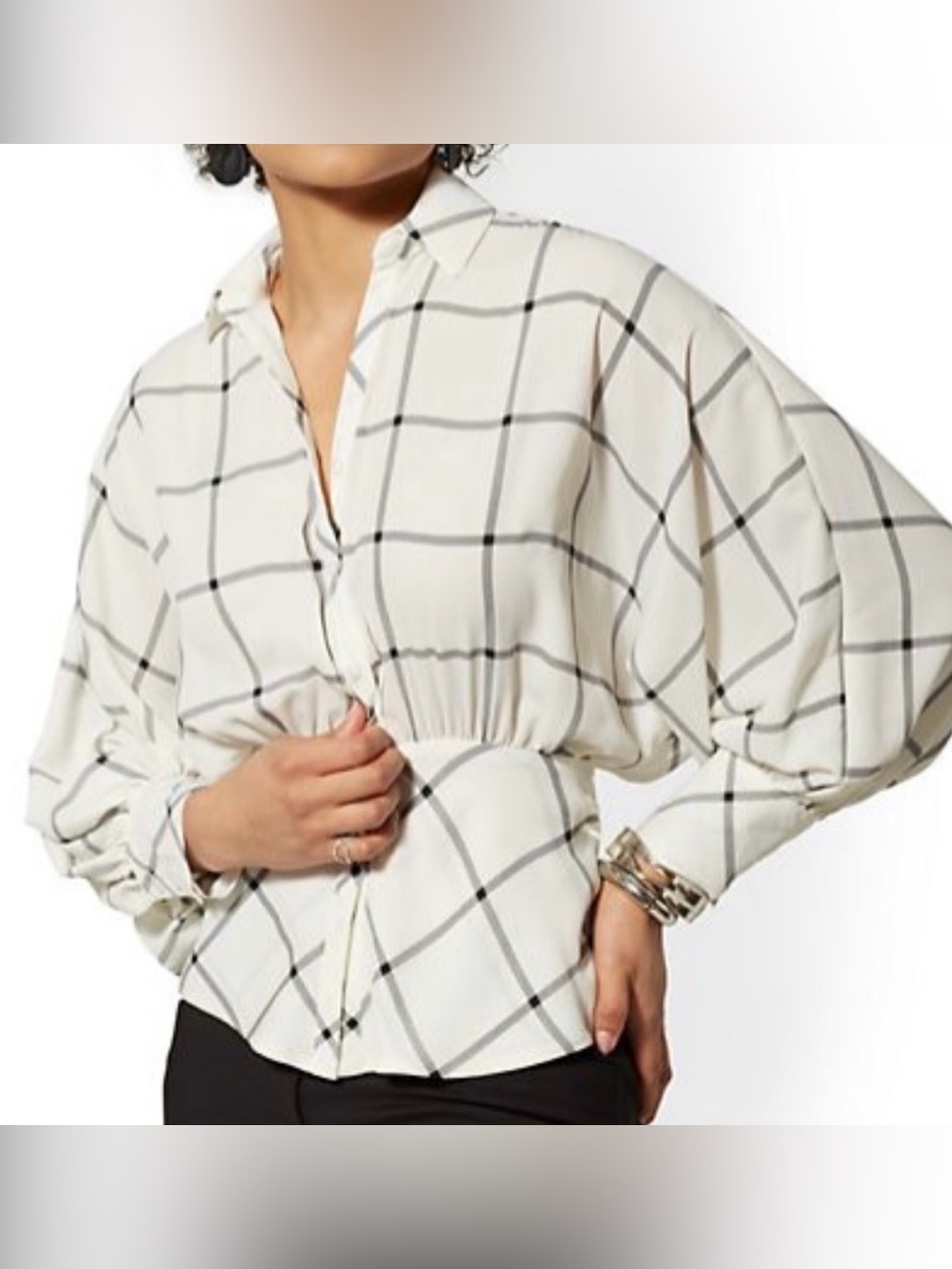 New York & Co. 7th Avenue Grid Pattern Button Down Blouse